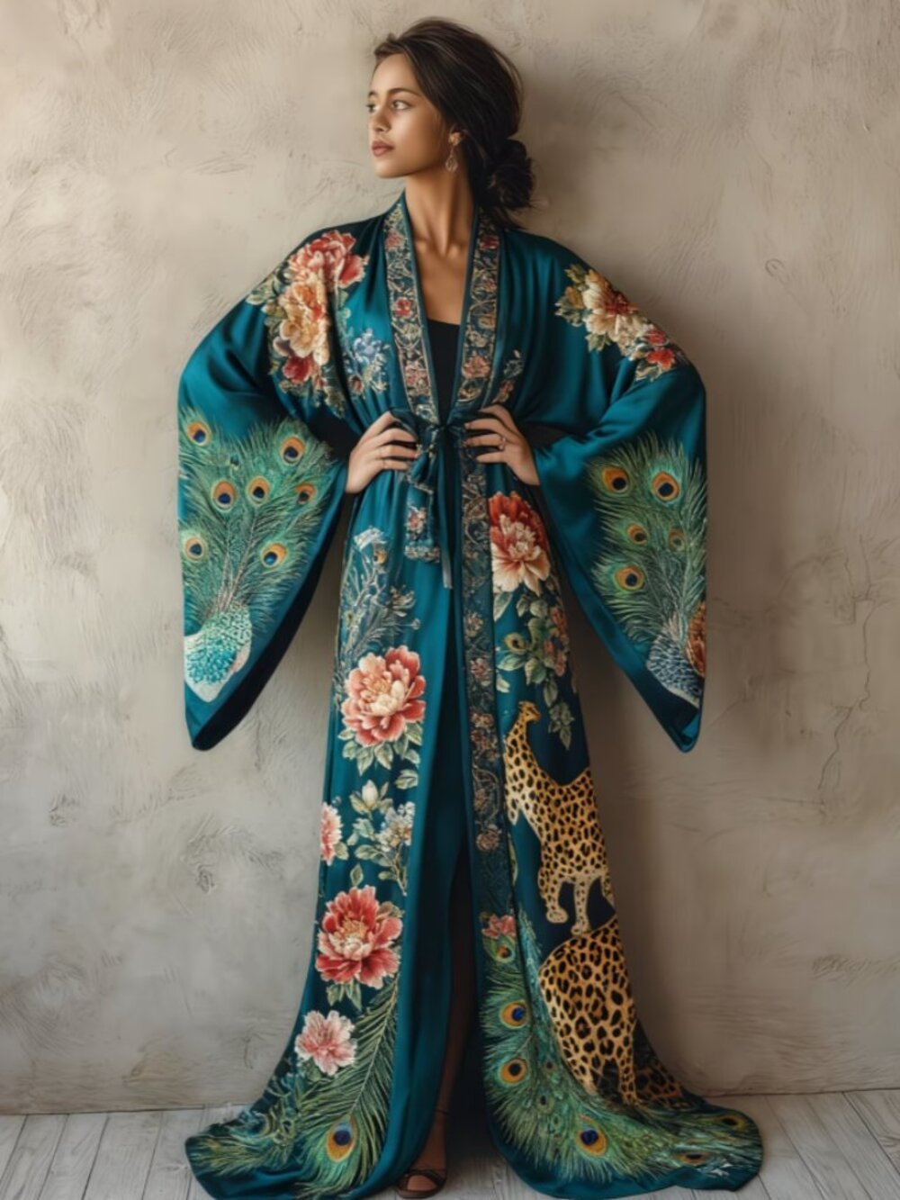 Boho Peacock & Floral Maxi Kimono Duster Robe, Teal -L